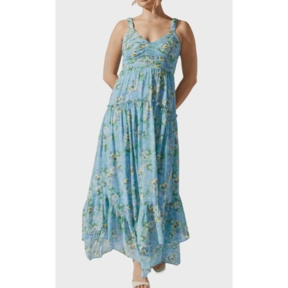 ASTR The Label Ruched Maxi Dress Blue Green Floral Women Size Small Sleeveless